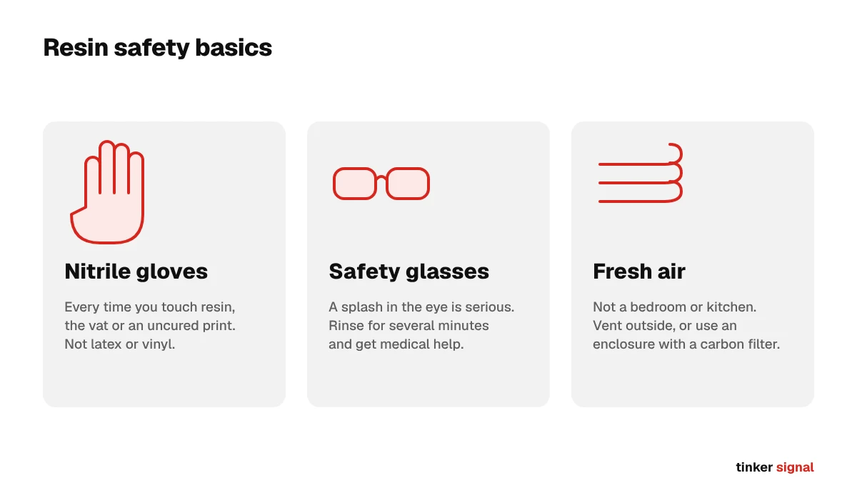 Three resin safety basics: nitrile gloves, safety glasses and fresh air.