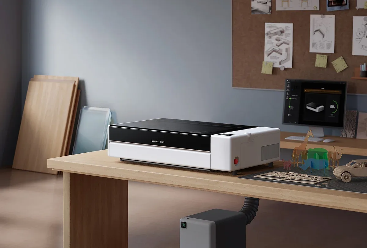 Bambu Lab R1 laser cutter and engraver on a desk