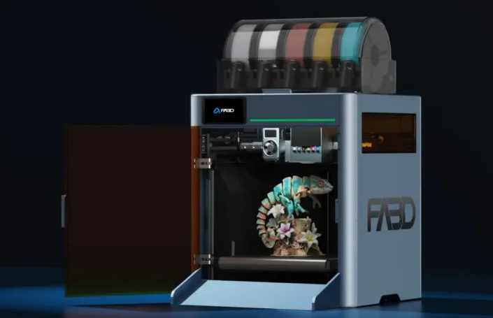 FA3D DIO X 3D printer with a four-spool filament box and a full-color chameleon print inside