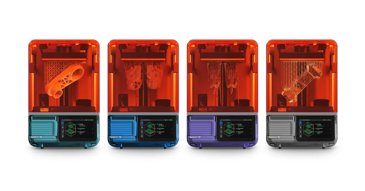 Four Formlabs Form Studio 1 resin printers in graphite, teal, aqua and violet